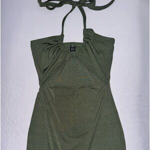 Shein Medium Size 6 Dark Green Mini Dress with Neck Tie and Open Tummy